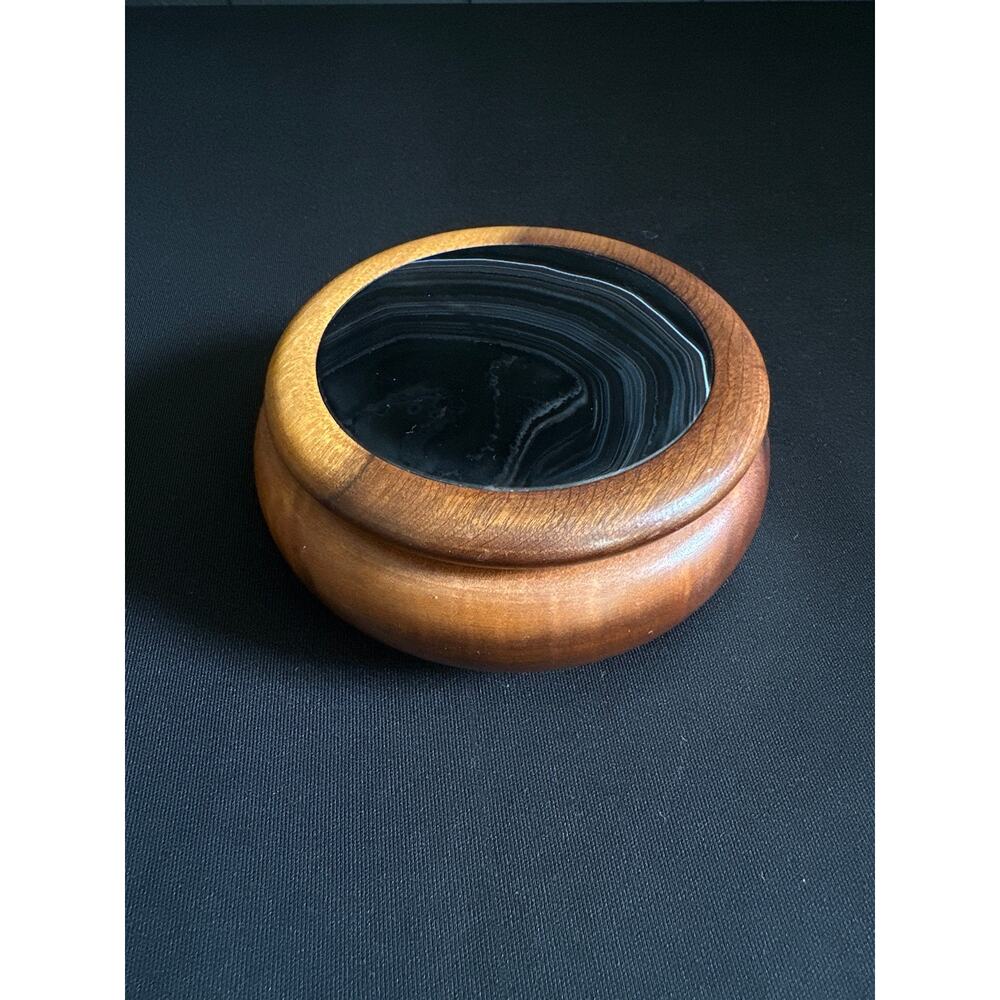 Vintage Brazilian Wooden Round Trinket Box Polished Black Agate Jewelry Box
